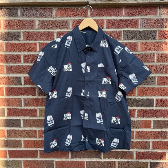 Other - Blue Light Navy Blue Beer Can Graphic Button Down Collared Short Sleeve Shirt